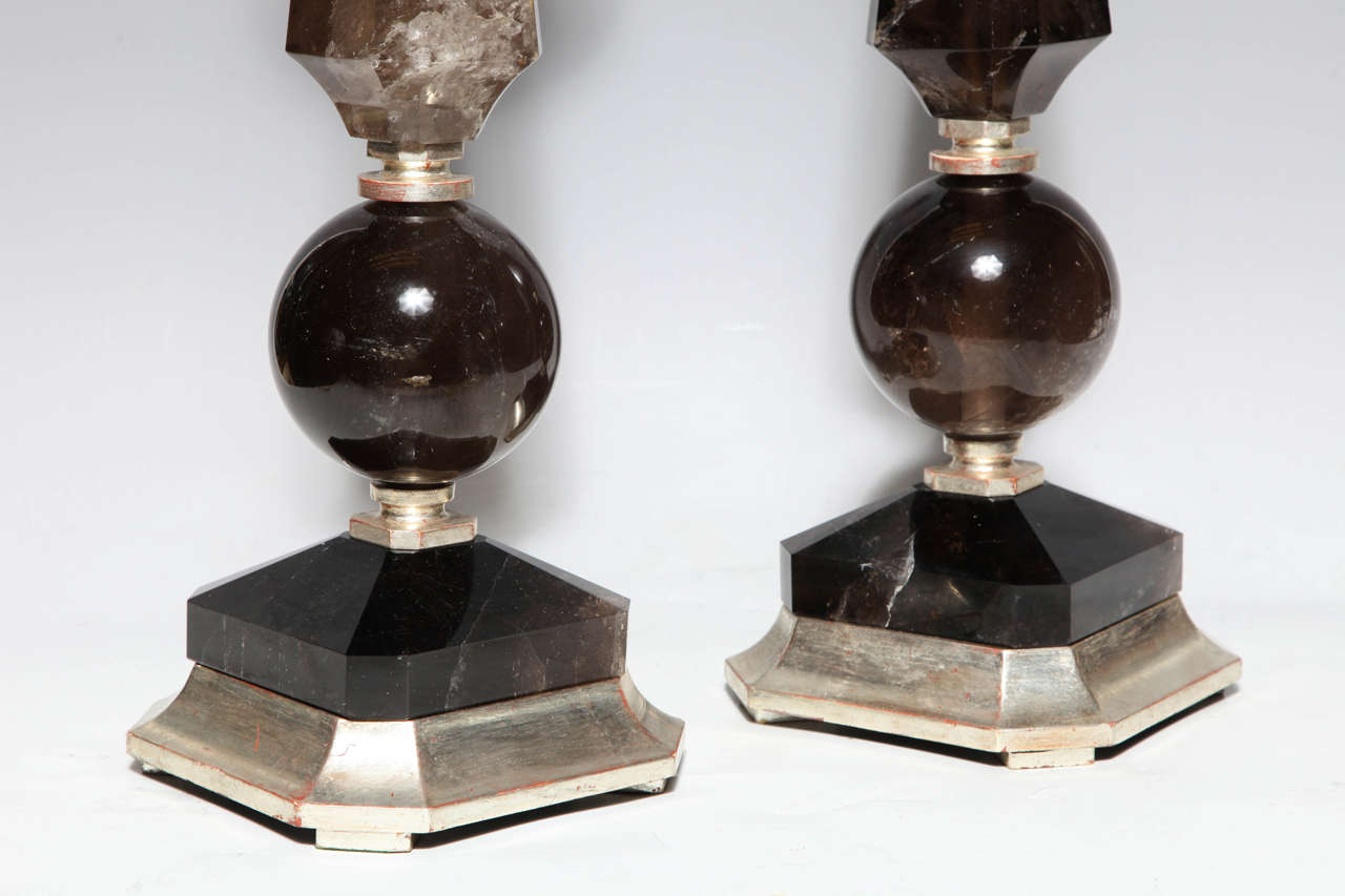 Pair of Smoky Rock Crystal Quartz Lamps with Silvered Wood Bases In Excellent Condition For Sale In New York, NY