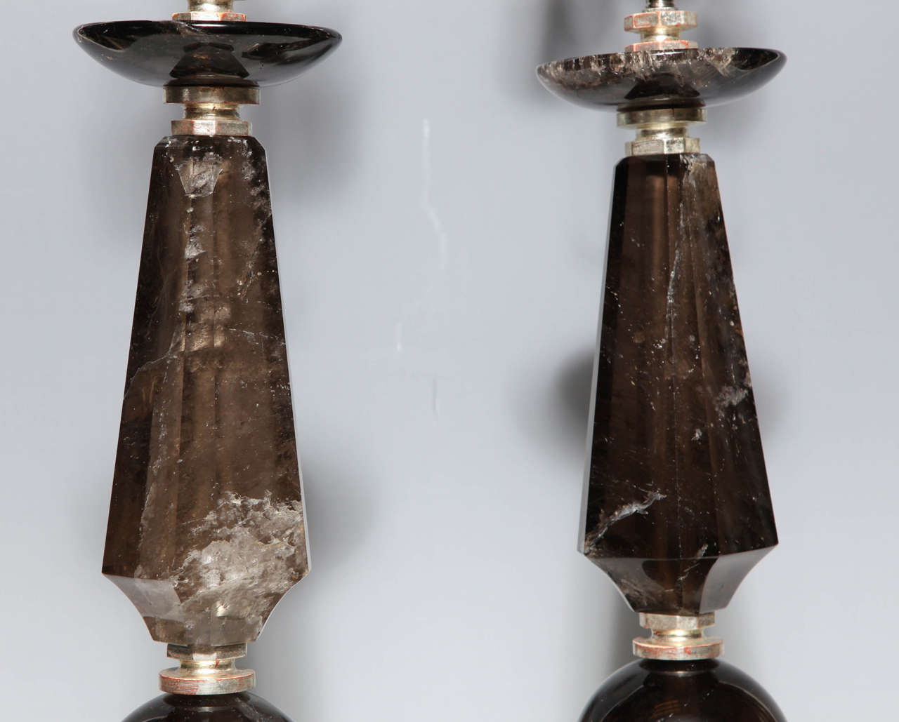 20th Century Pair of Smoky Rock Crystal Quartz Lamps with Silvered Wood Bases For Sale