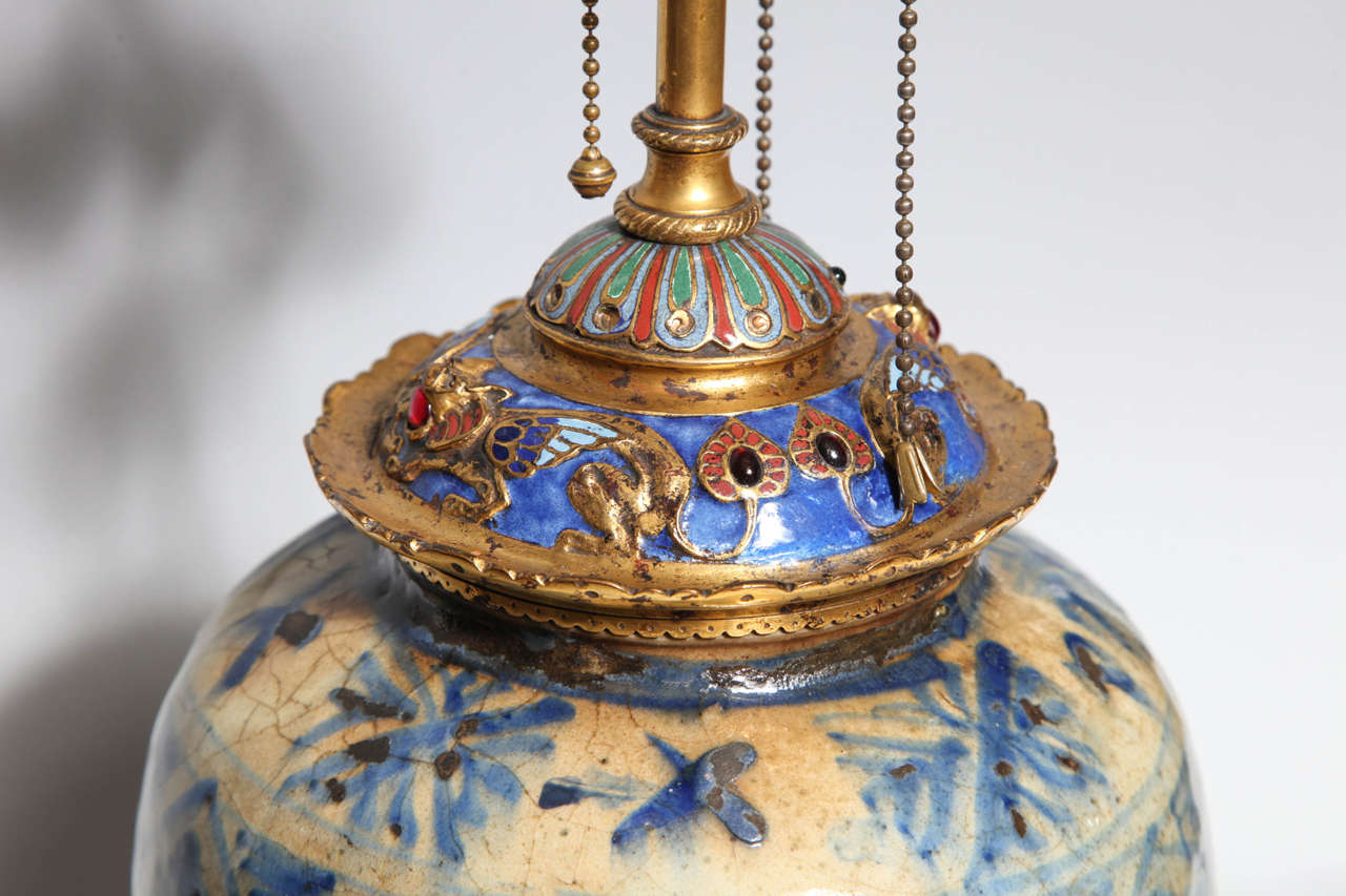 A Chinese/Korean porcelain, ormolu, enamel and jewel mounted lamp E. F. Caldwell 1