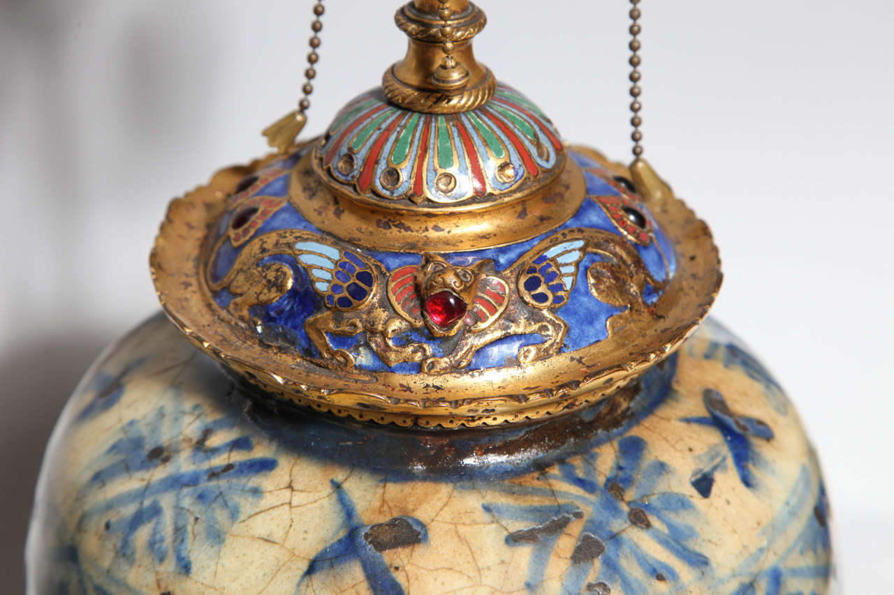 A Chinese/Korean porcelain, ormolu, enamel and jewel mounted lamp E. F. Caldwell 2