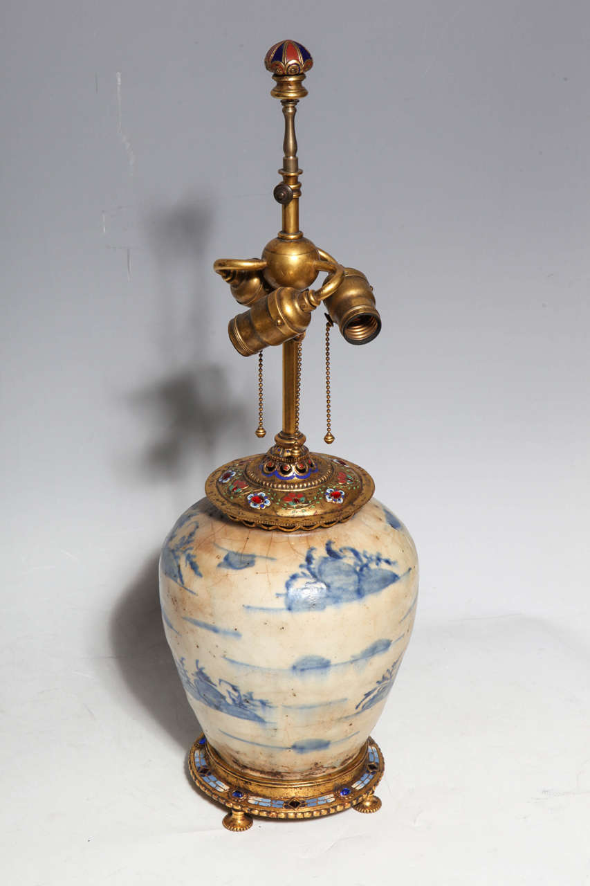 American Ormolu, Enamel and Jewel Mounted Chinese or Korean Porcelain Lamp 