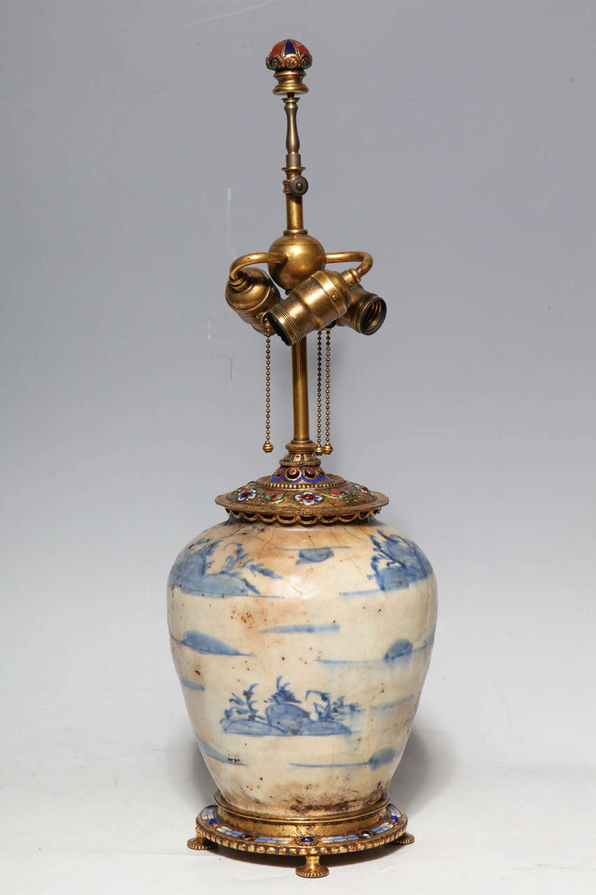 19th Century Ormolu, Enamel and Jewel Mounted Chinese or Korean Porcelain Lamp 