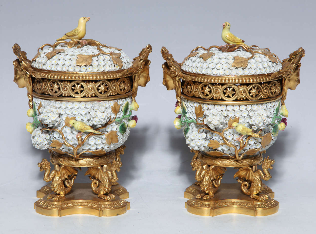A very unusual and rare pair of Meissen Schneeballen and intricately ormolu mounted potpourri vases with covers. The vases are supported by finely detailed dragons with accompanying face mask handles. There are porcelain birds decorating the vase