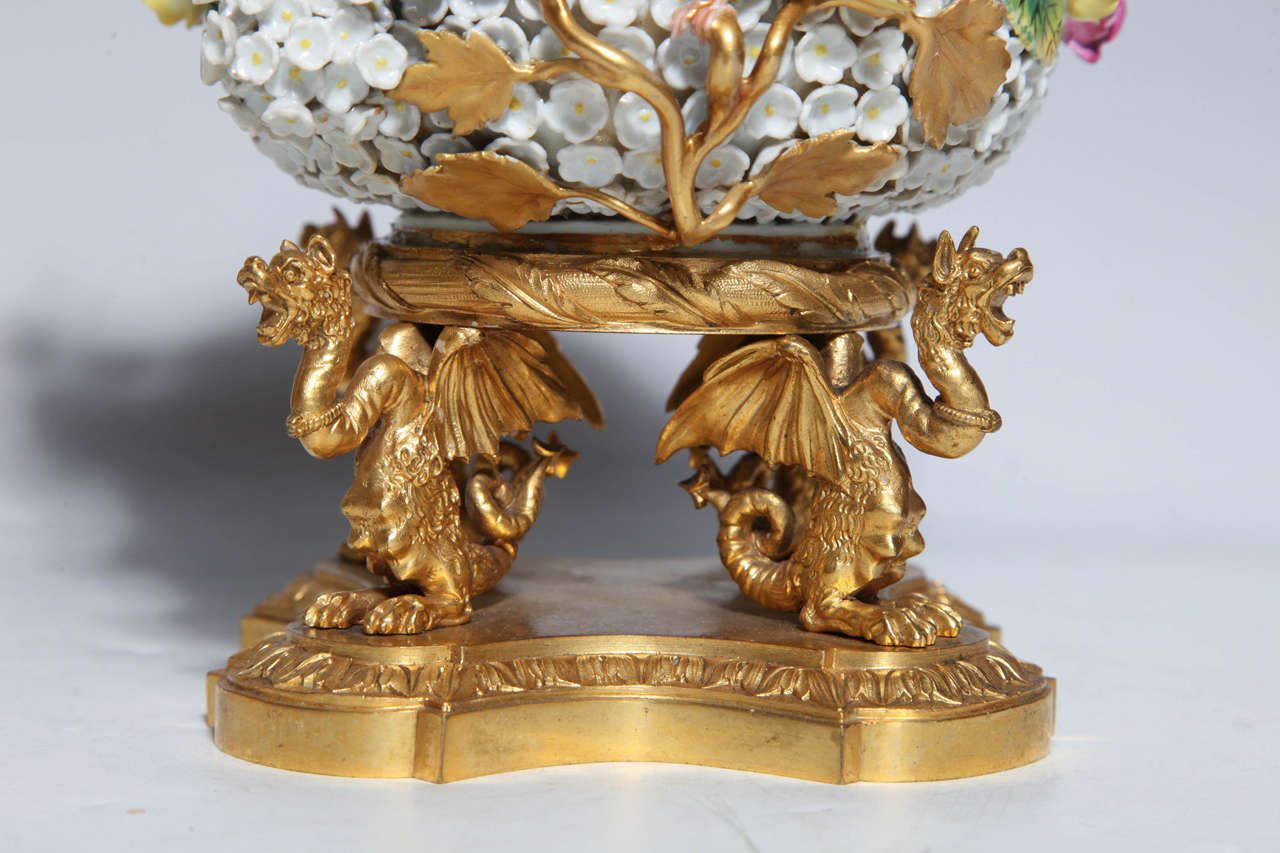 Gilt Pair of Meissen Schneeballen and Intricately Ormolu-Mounted Potpourri Vases For Sale