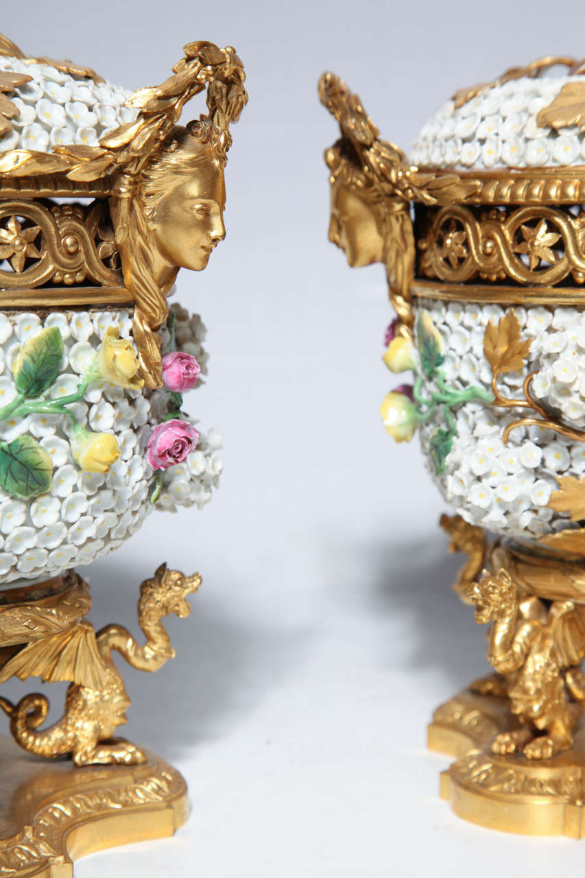 Pair of Meissen Schneeballen and Intricately Ormolu-Mounted Potpourri Vases For Sale 1