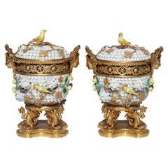 Pair of Meissen Schneeballen and Intricately Ormolu-Mounted Potpourri Vases