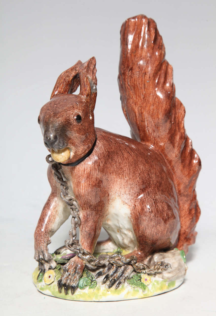 An 18th century Meissen hand sculpted Squirrel Figurine by J. J. Kandler with exquisite painting. The squirrel is chained to it's flowered base and holds an acorn in it's mouth looking quizzically at the viewer. The claws of the squirrel are finely