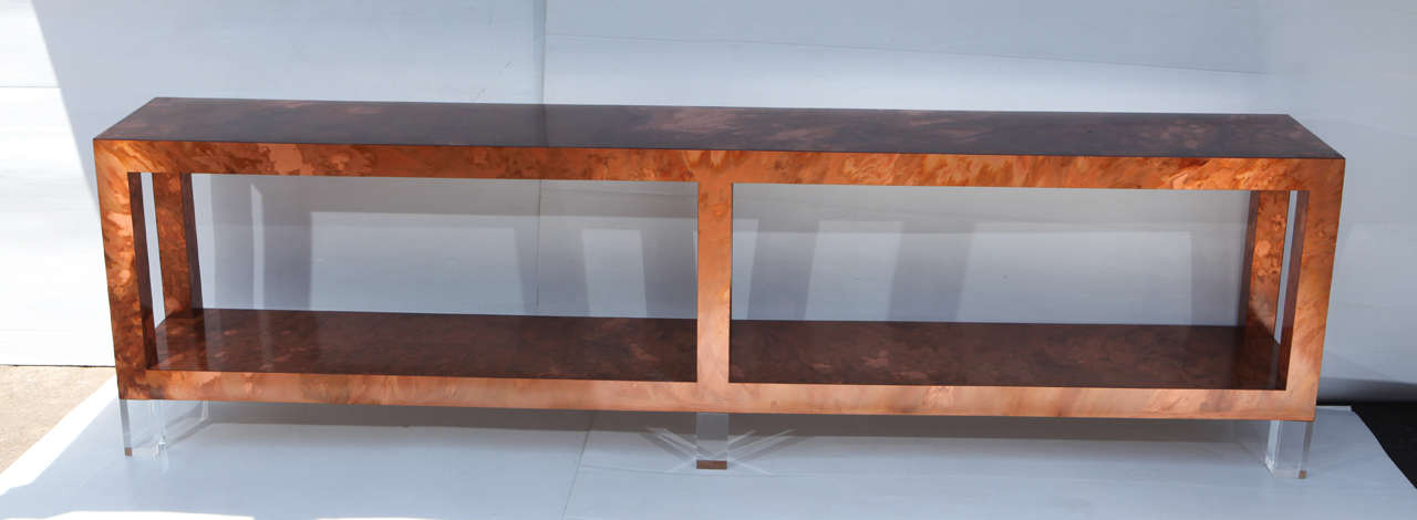 Splendid Geometric Form Console in the Manner of Milo Baughman with Lucite legs, laminate wood, acid treated coper