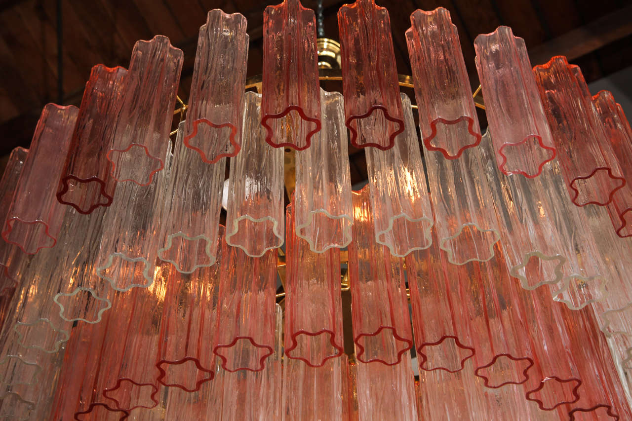 Italian Pair of Elegant Pink and Clear Tronchi Chandeliers In the Style of Venini