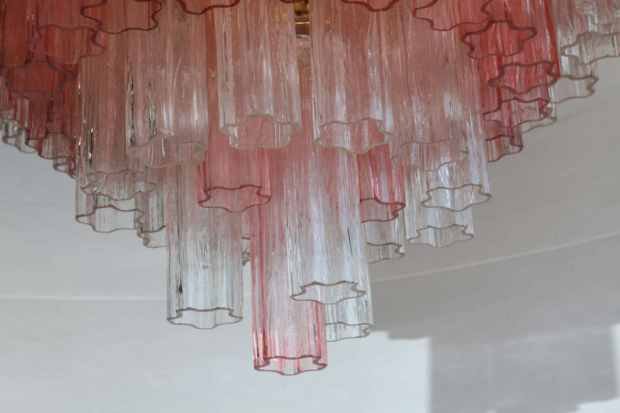 Brass Pair of Elegant Pink and Clear Tronchi Chandeliers In the Style of Venini