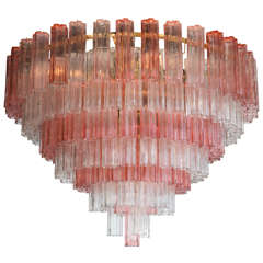 Pair of Elegant Pink and Clear Tronchi Chandeliers In the Style of Venini