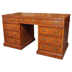 Antique English Burl Walnut Leather Top Pedestal Desk