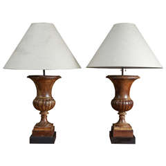 Pair of 1940s Carved Wood Lamps