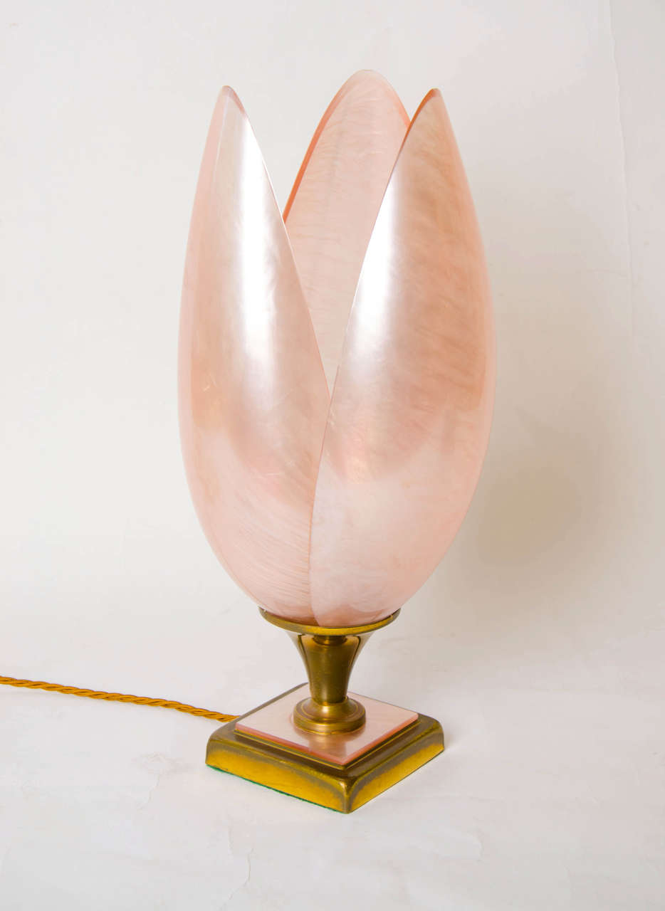 Unusual, Italian Lamp in the form of a pink lotus flower emanating from a brass stepped base.