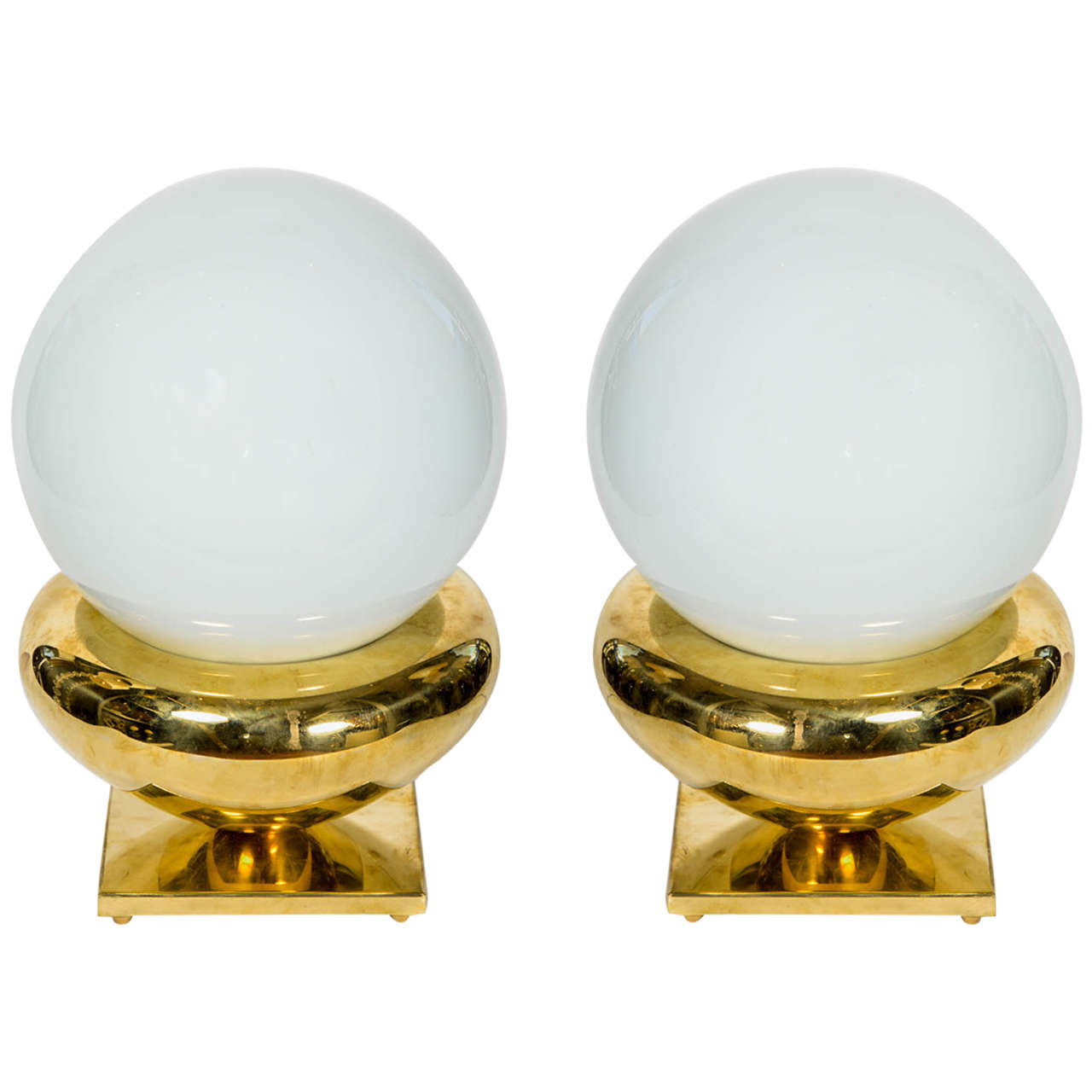 Pair of Brass and White Glass Globes Lamps