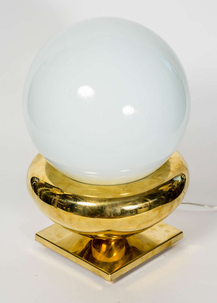 Mid-Century Modern Pair of Brass and White Glass Globes Lamps