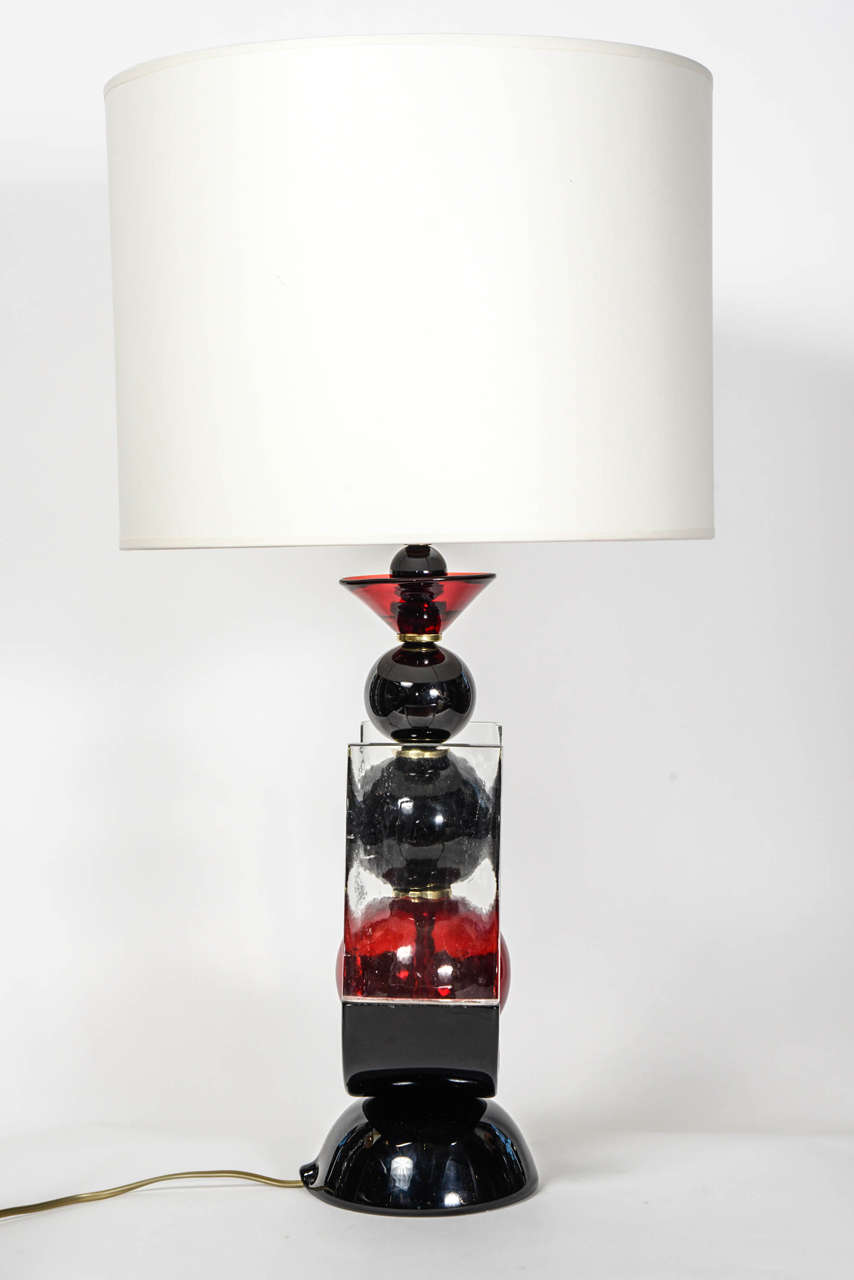 Brass Original Shaped Murano Glass Pair of Lamps