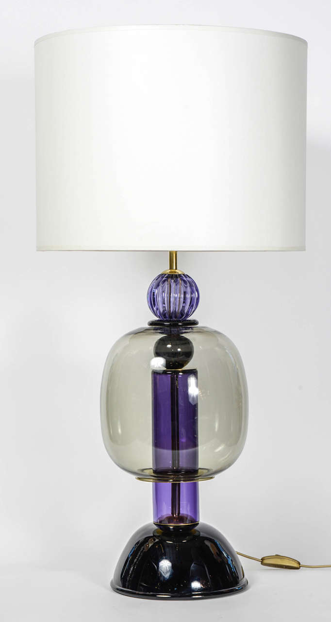 Lovely pair of lamps made of black, purple and slightly smoked Murano glass and brass setting.