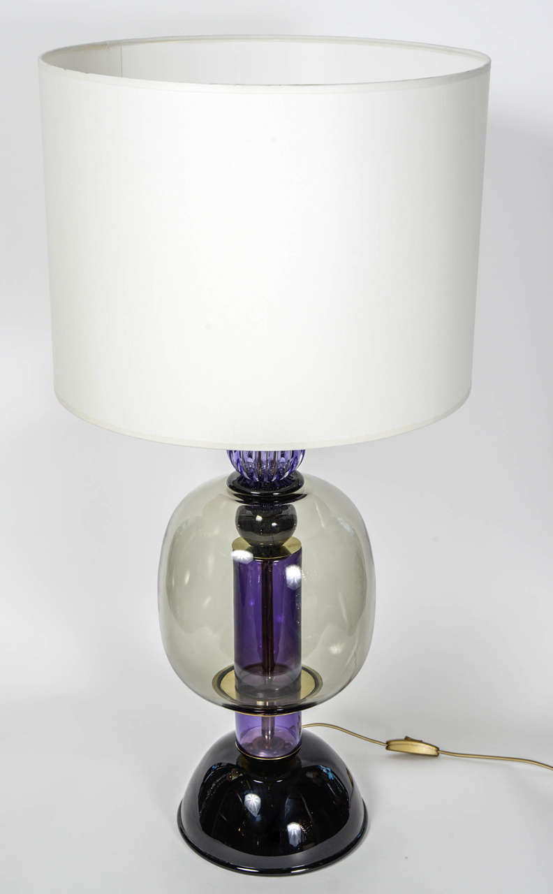 Brass Lovely Pair of Purple Murano Glass Lamps