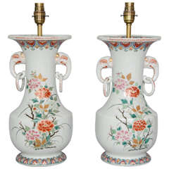 Pair of Japanese Imari Vases Turned Lamps with Elephant Handles