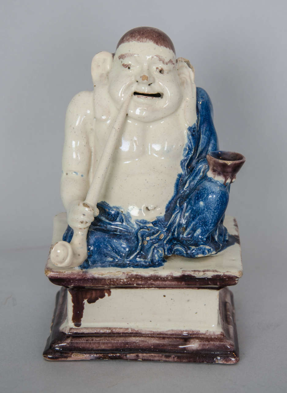 18th Century Pair of Delft Figures of Buddhas or Pu-Tai, circa 1720