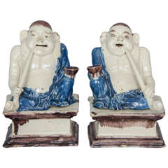 Pair of Delft Figures of Buddhas or Pu-Tai, circa 1720