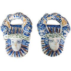 Pair of Polychrome French Faience Masks, Nevers circa 1660