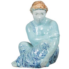 Blue Enameled Ceramic of a Woman by Odette Lepeltier, 1950s