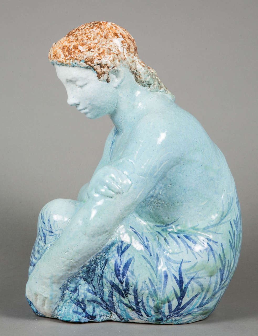 Blue Enameled Ceramic of a Woman by Odette Lepeltier, 1950s In Good Condition In Paris, FR