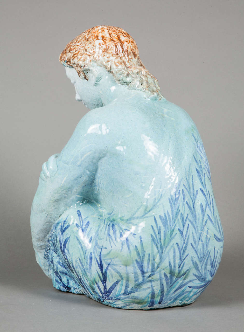 Mid-20th Century Blue Enameled Ceramic of a Woman by Odette Lepeltier, 1950s
