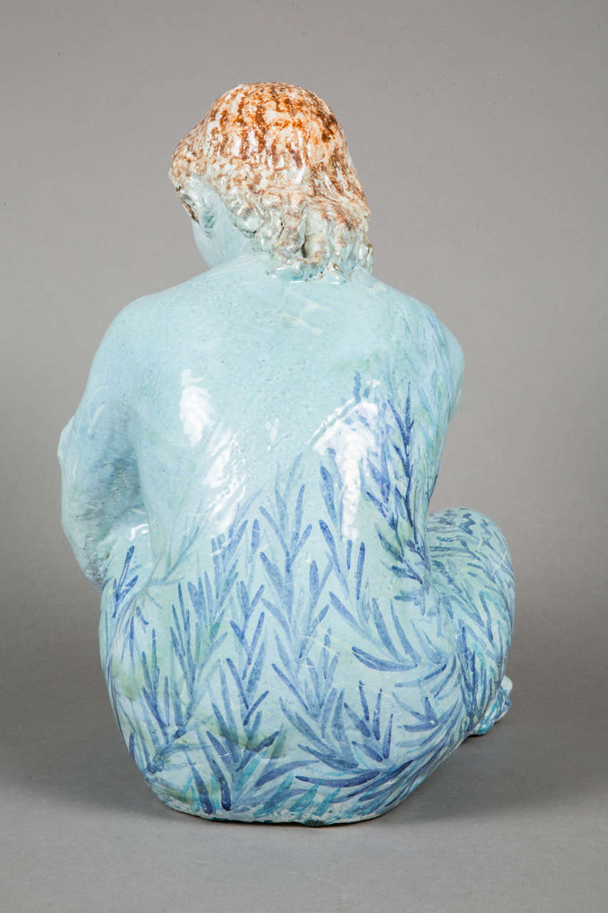 Blue Enameled Ceramic of a Woman by Odette Lepeltier, 1950s 1