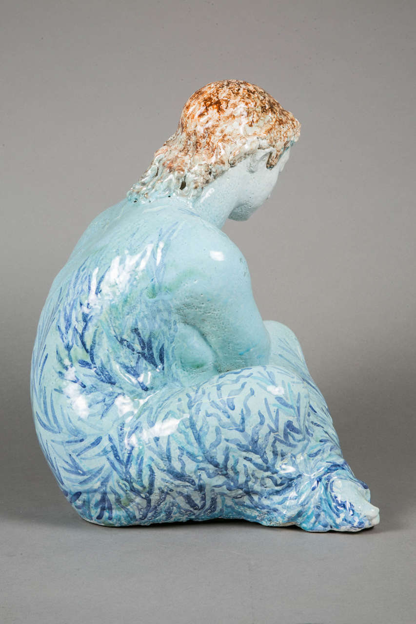 Blue Enameled Ceramic of a Woman by Odette Lepeltier, 1950s 2