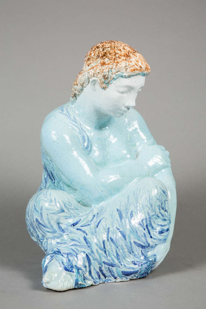 Blue Enameled Ceramic of a Woman by Odette Lepeltier, 1950s 3