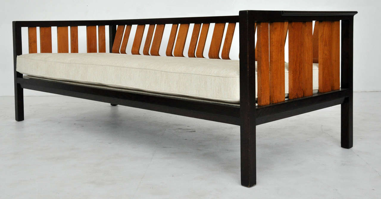 Rare Dunbar sofa or daybed model 6749. Designed by Edward Wormley. Dark espresso with bent ash frame. New upholstery.