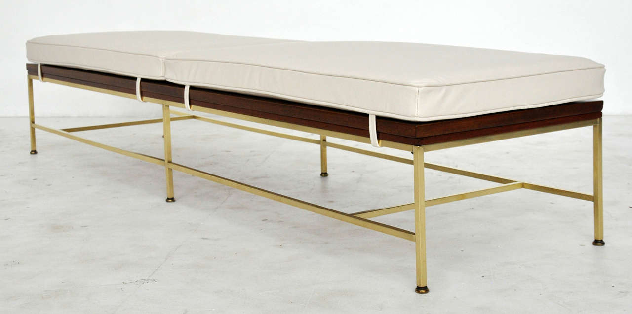 Brass frame bench by Paul McCobb for Calvin Furniture. New leather cushions. Cushions can be removed for use as coffee table.