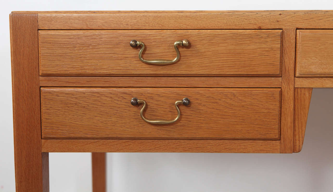 Mid-20th Century Midcentury Oak Five-Drawer Desk with Brass Pulls