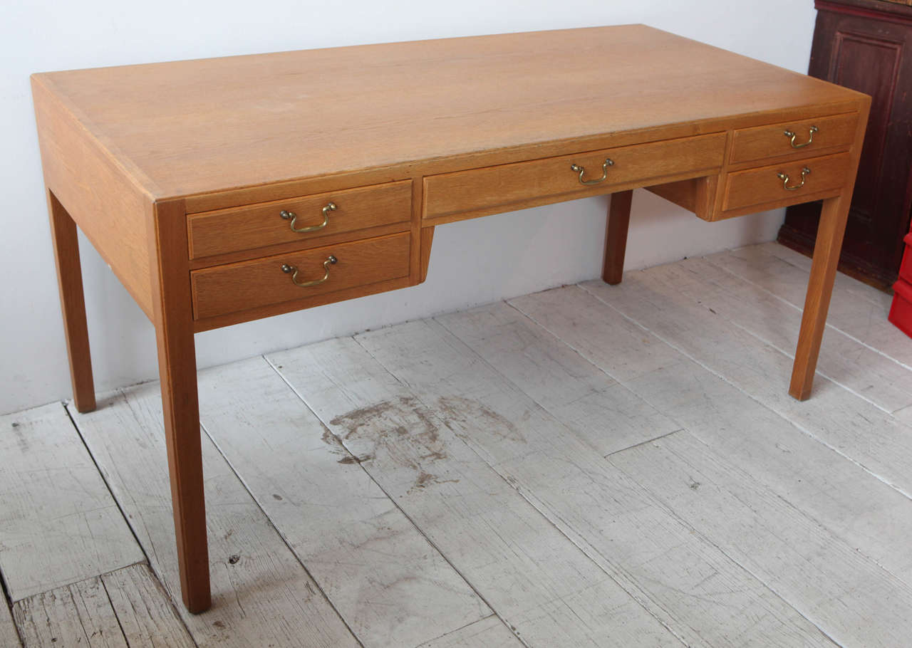 Midcentury Oak Five-Drawer Desk with Brass Pulls 2