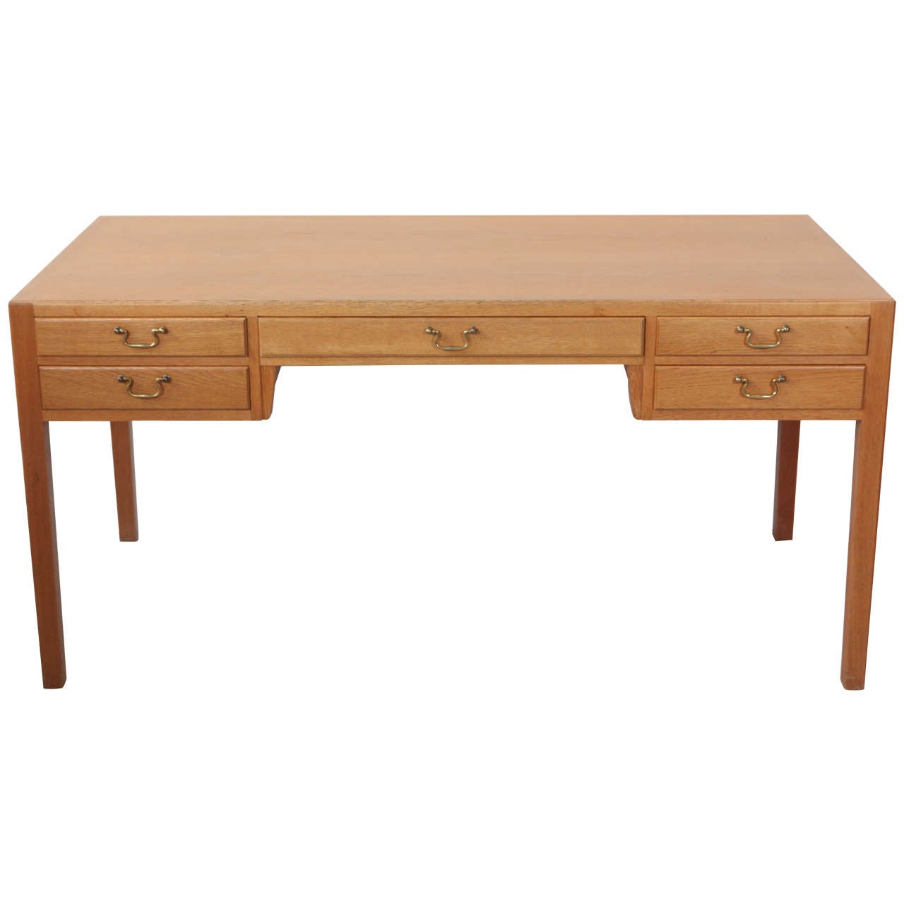 Midcentury Oak Five-Drawer Desk with Brass Pulls