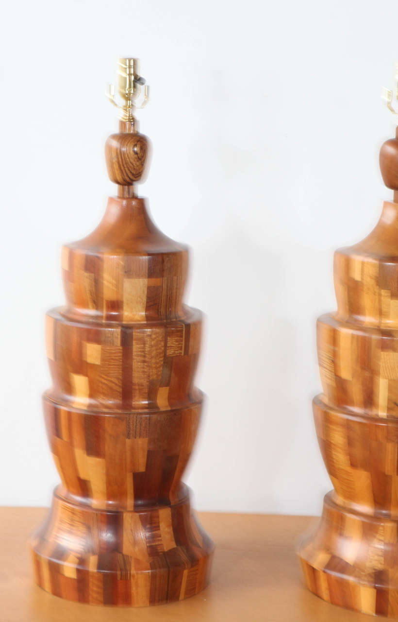 Pair of Large Inlaid Marquetry Wood Table Lamps In Good Condition In Los Angeles, CA
