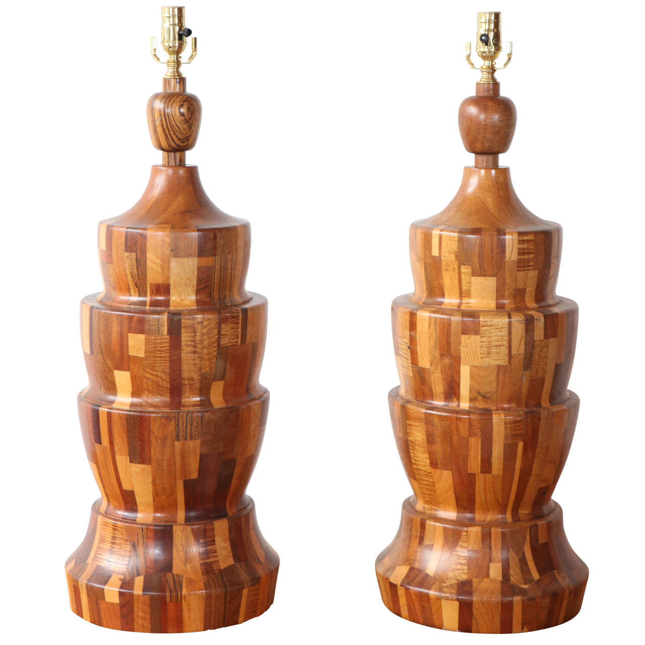 Pair of Large Inlaid Marquetry Wood Table Lamps