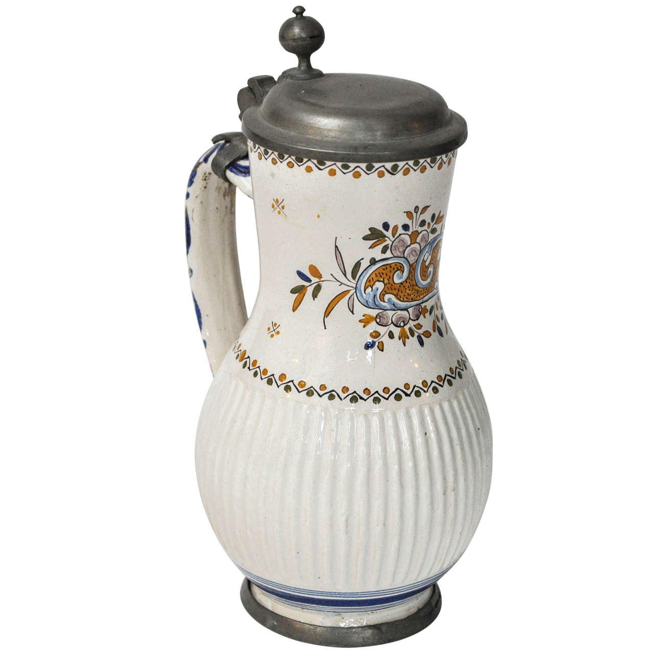 "Alsacien" French Pewter Mounted Faience Jug, circa 1830