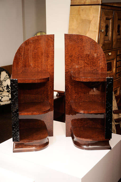 Pair of French Art Deco nightstands with three shelves, burl amboyna finish.