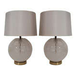 Pair of Blown Glass Globe Lamps with Stylized Leaf Design