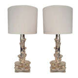 Pair of Opulent White Gold Lamps with Lotus Design