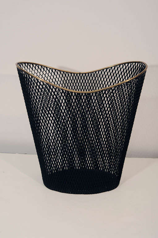 Modernist Metal Wastebasket with Crosshatched Design