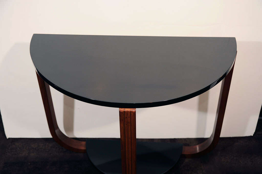 Art Deco Two Tier Demilune Console Table in Walnut and Lacquer