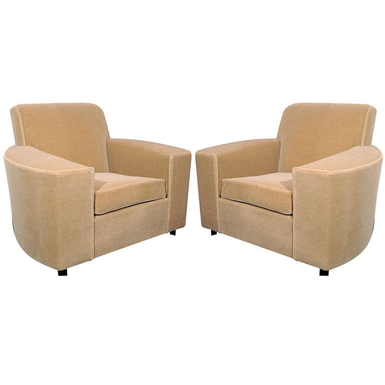 Pair of Art Deco Streamline Club Chairs in Camel  Mohair