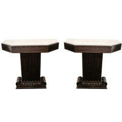 Pair of Ebonized and Antique Mirrored Consoles by Grosfeld House