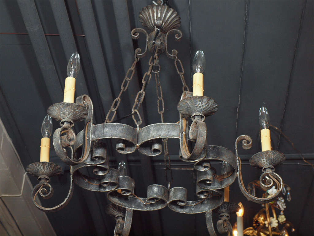 Antique French Provincial Iron Round 6-light Chandelier 4