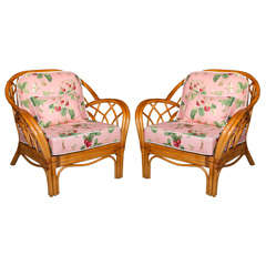 Pair of Rattan Armchairs with Strawberries & Ticking